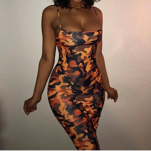 orange camo bodycon dress